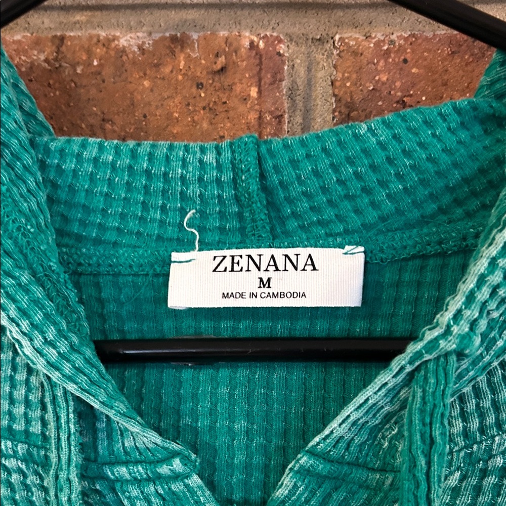 Zenana Outfitters Teal Short Sleeve Waffle Knit Henley Hoodie - Picture 3 of 6